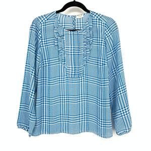 J. Crew Ruffle Neck Long Sleeve Blouse Womens Size Medium Blue White Houndstooth